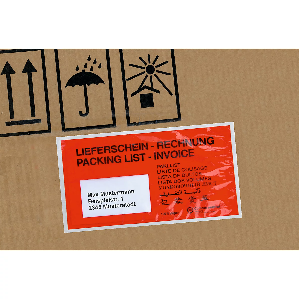 Papier-Dokumententasche/Lieferscheintasche SecurePack, DIN lang, Fenster links, mit Aufdruck, selbstklebend, 100 % recycelbares Pergaminpapier, rot, 250 Stück
