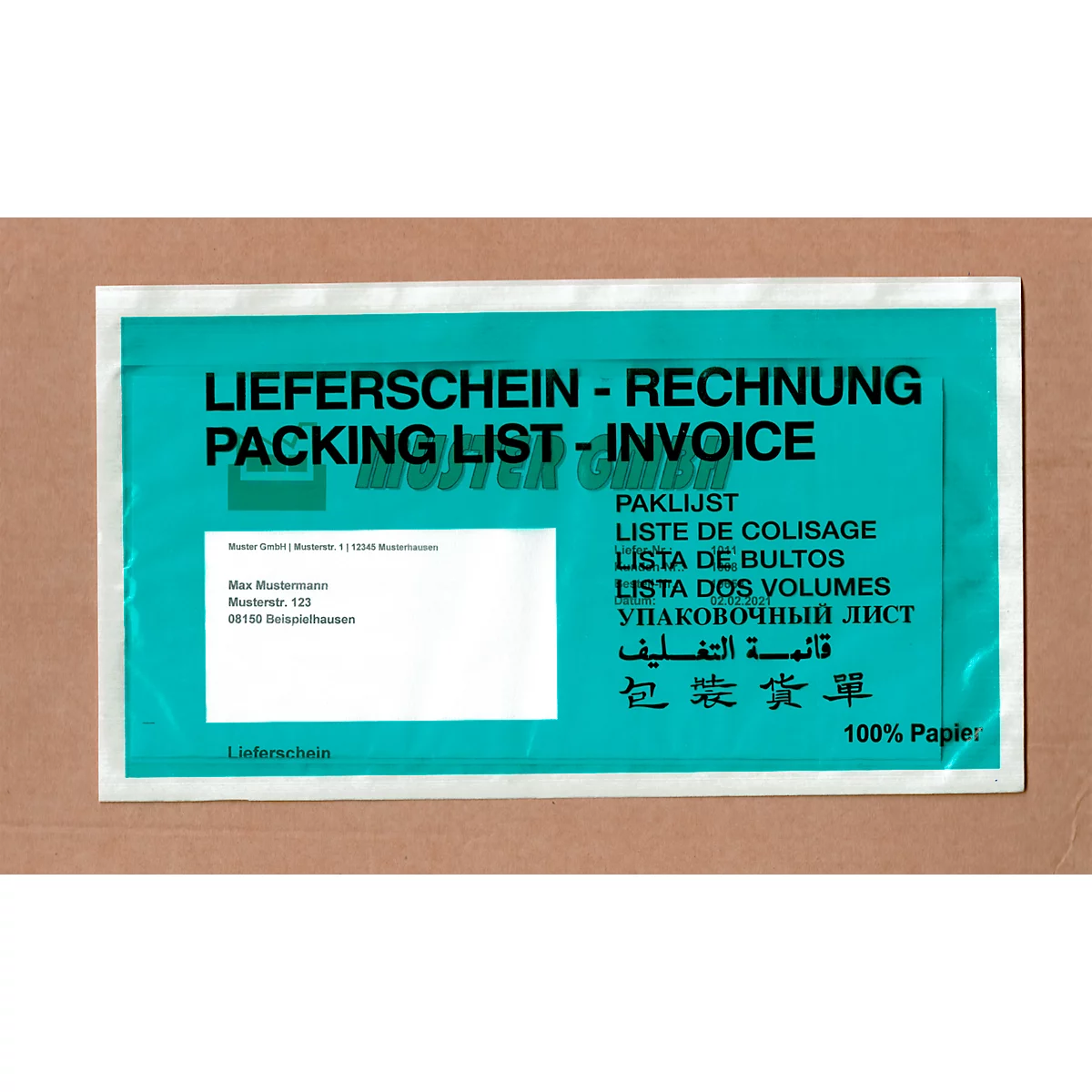 Blaue Aufkleber mit verschiedenen Sprachvarianten für Lieferschein, Rechnung und Packliste.