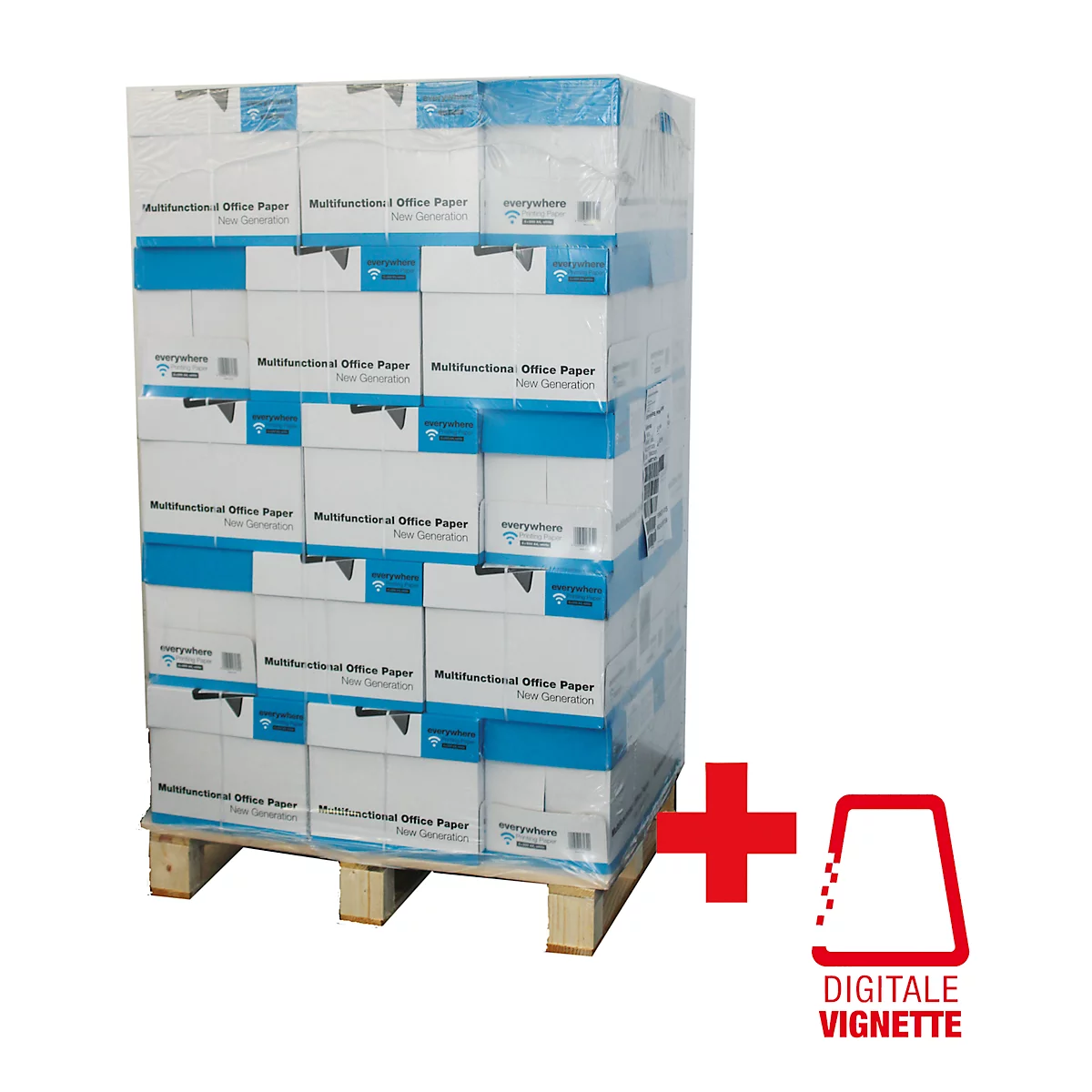 Ein mit Papier gefülltes Palettenregal, das in Folie verpackt ist, und ein rotes Kreuz mit Text.