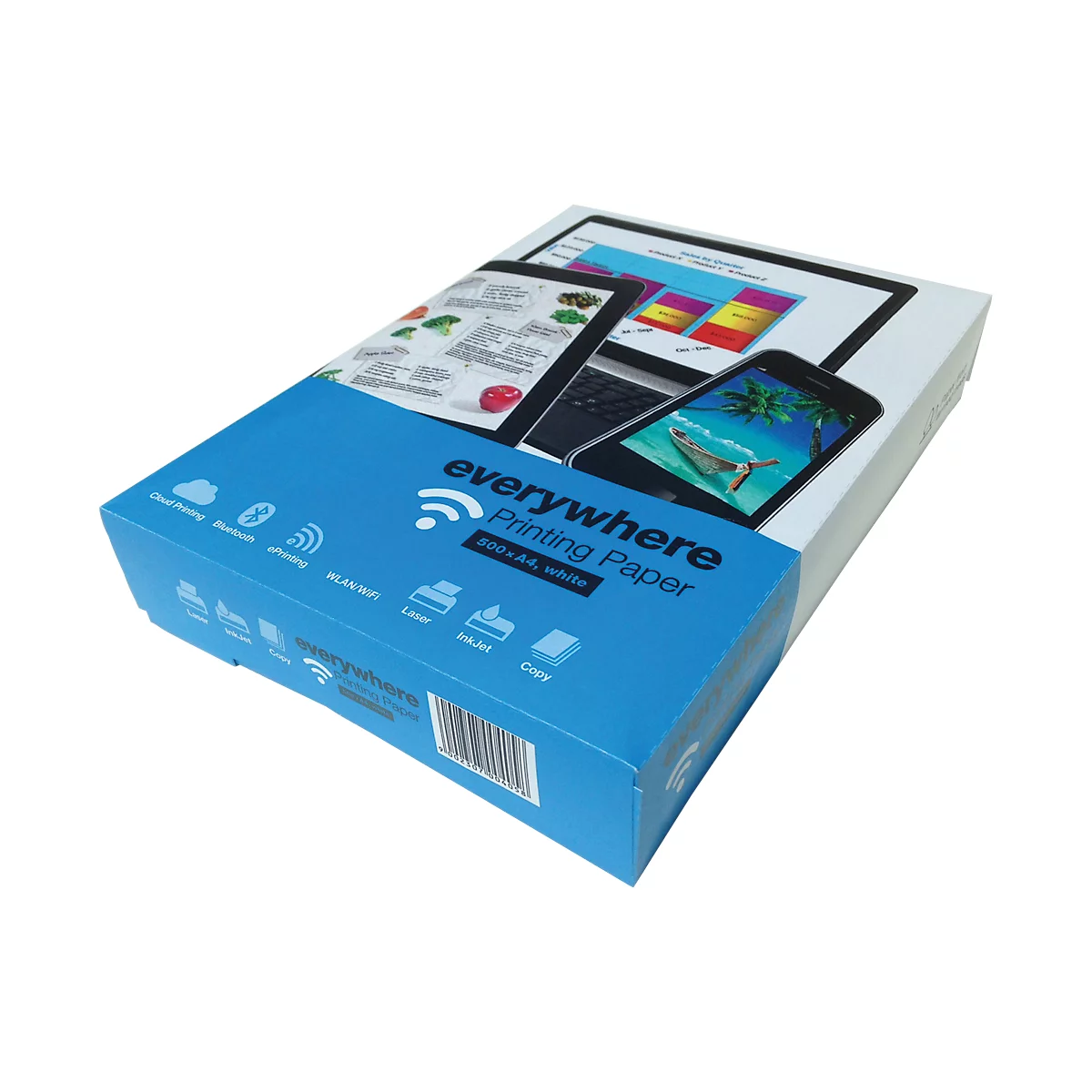 Ein Karton überall-Druckpapier. Auf dem Deckel befindet sich ein blaues Band mit weißem Schriftzug und Symbolen.