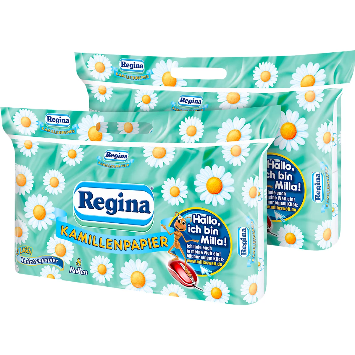 Papier hygiénique Regina papier camomille, 3 plis, parfum camomille, doux &amp; absorbant, papier FSC®, blanc avec imprimé fleuri, 112 rouleaux de 150 feuilles chacun