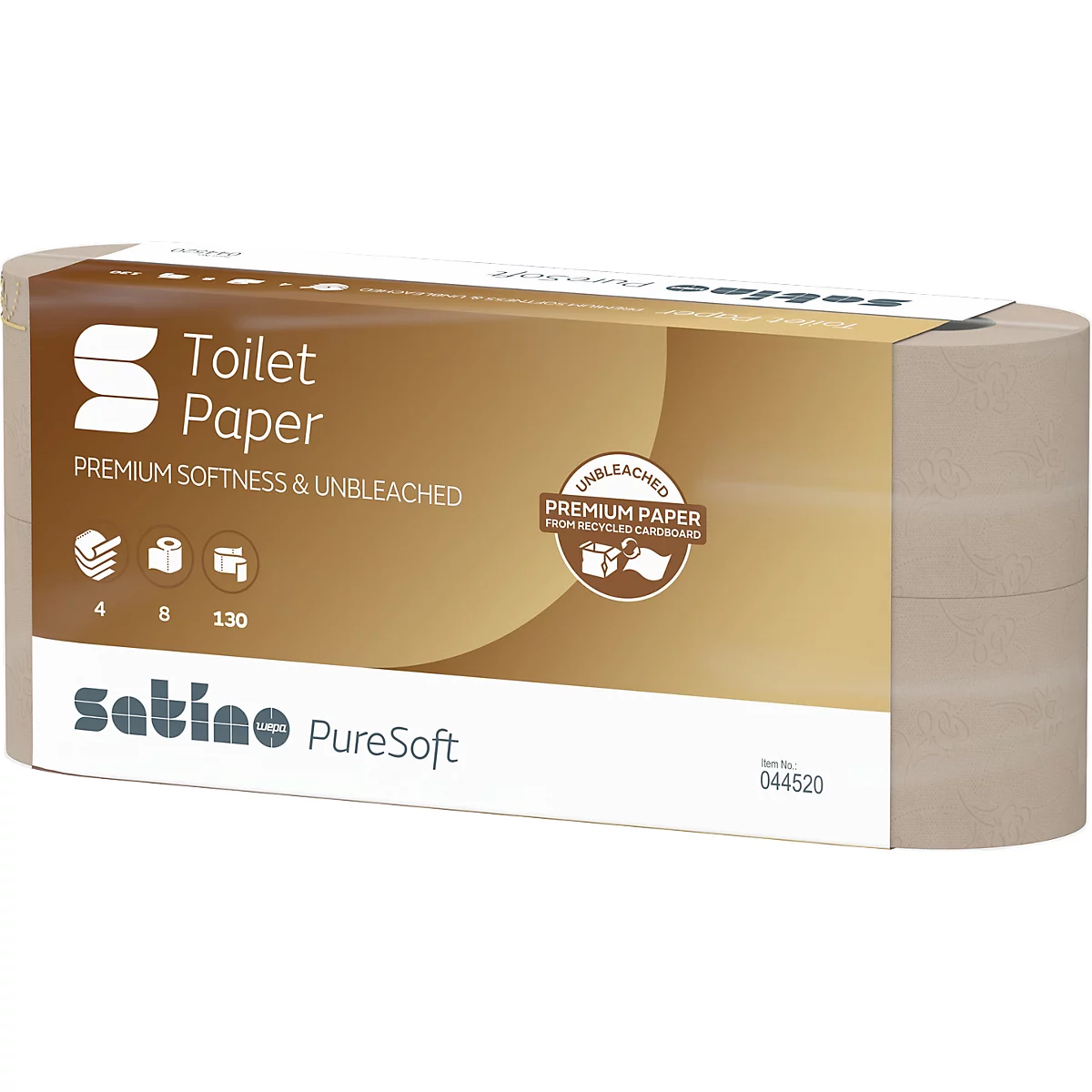 Paquet de papier toilette, avec le texte "Toilet Paper", "Premium Softness & Unbleached", "PureSoft". Emballage marron, rouleau visible.