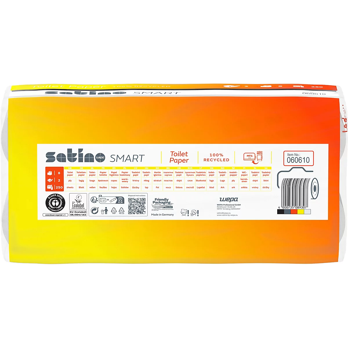 Emballage de papier toilette Satino Smart, 100% recyclé. Fond orange-jaune, code-barres et informations sur le produit.