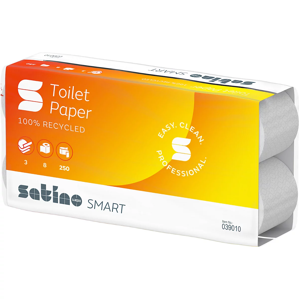 Paquet de papier toilette Satino Smart dans un emballage blanc avec un design orange et jaune.