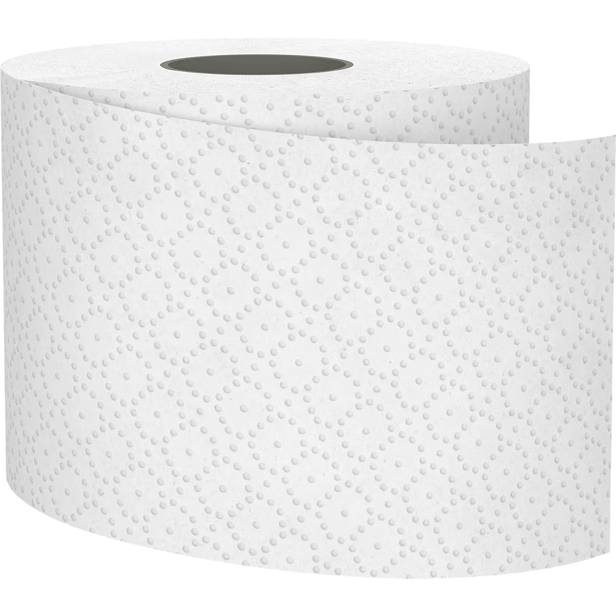 Rouleau de papier toilette blanc avec motif à pois en relief.