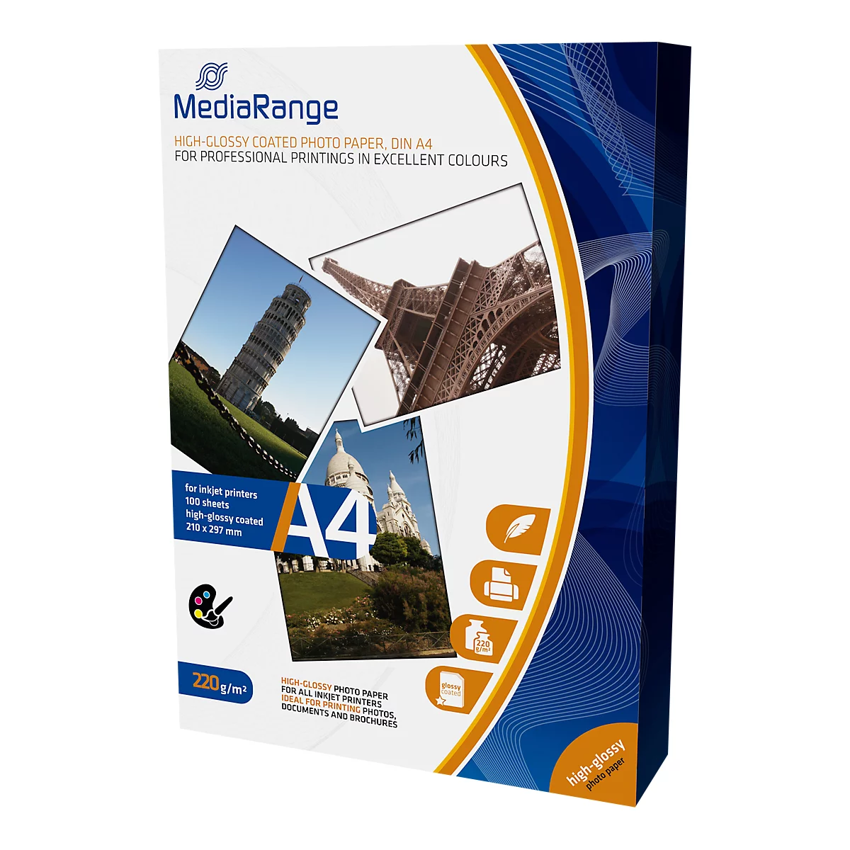 Papier photo A4 MediaRange, pour imprimantes à jet d’encre, très brillant, 100 feuilles de 220 g