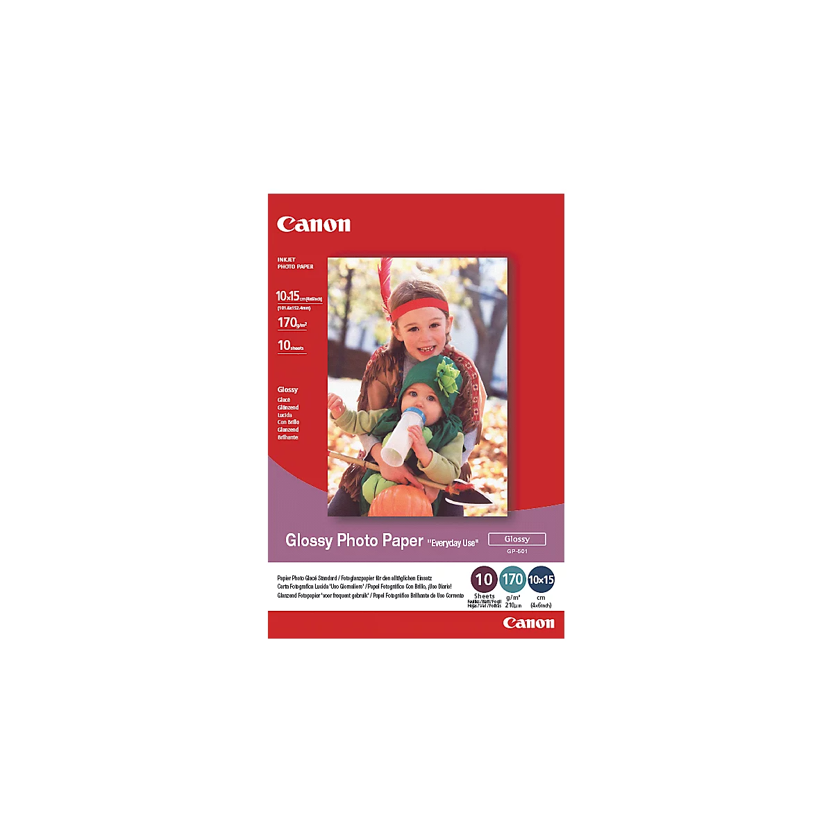 Papier photo brillant CANON Usage quotidien Brillant GP-501, format 10 x 15 cm, 210 g/m², blanc, 1 paquet = 100 feuilles