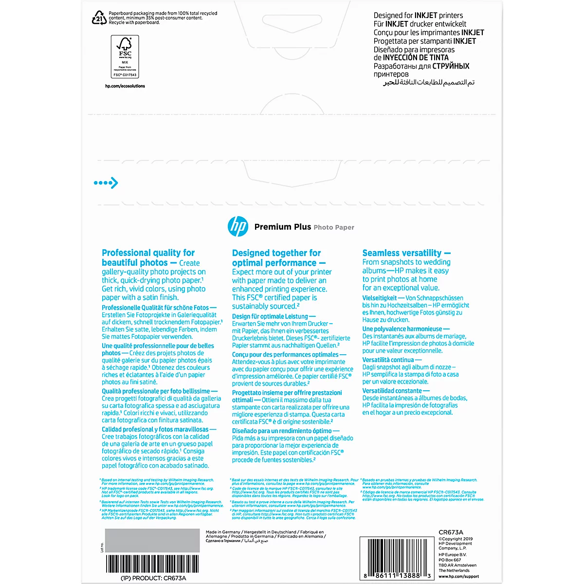 Dos d'un emballage de papier photo HP Premium Plus avec des informations produit multilingues et des codes-barres.
