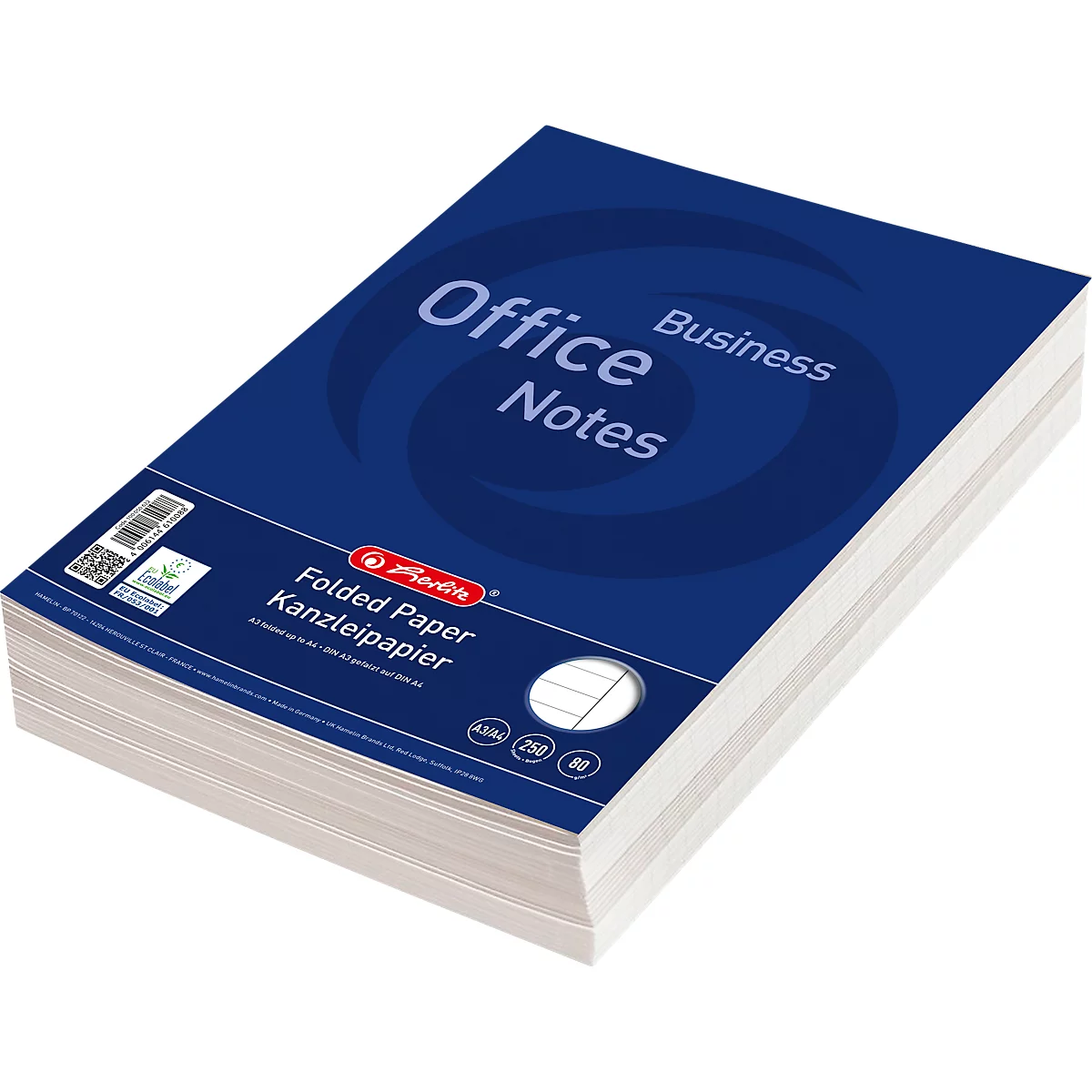 Une pile de papier pour notaire Herlitz avec emballage bleu et texte blanc sur fond blanc.