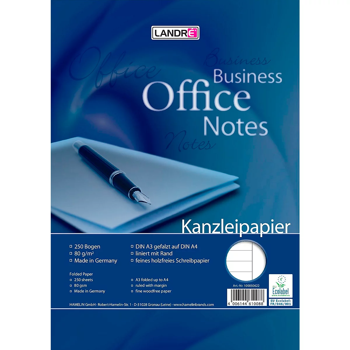 Papier pour chancellerie LANDRÉ 'Office', A3/A4 plié, 80 g/m², 250 feuilles par paquet, ligné avec marge à droite