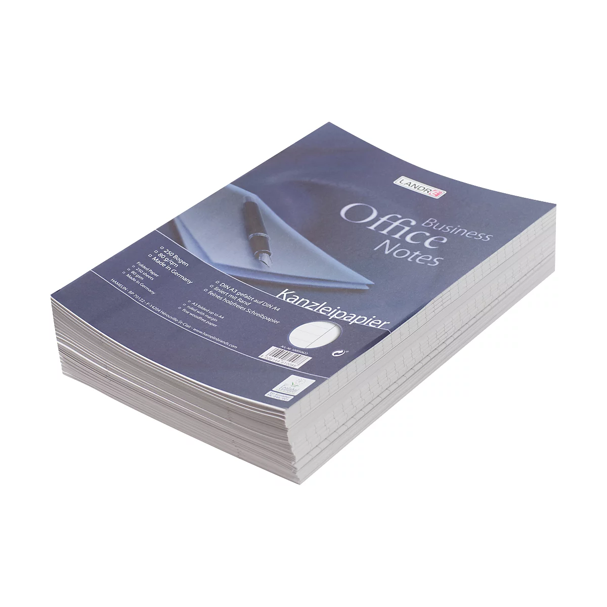 Papier pour chancellerie LANDRÉ 'Office', A3/A4 plié, 80 g/m², 250 feuilles par paquet, ligné avec marge à droite