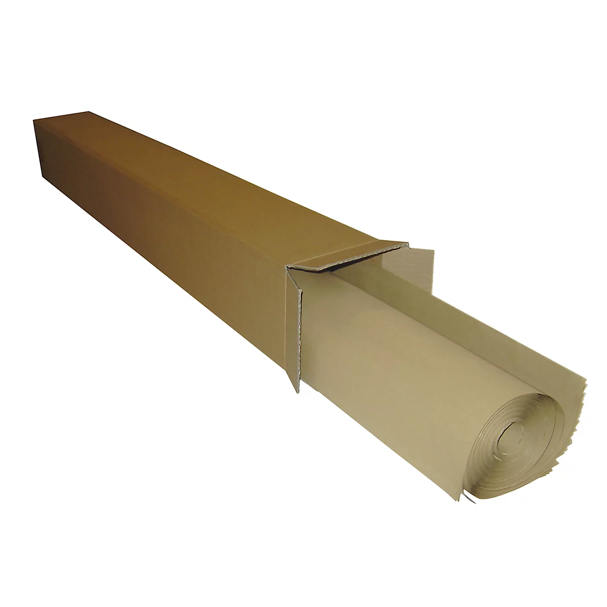 Un tube rectangulaire en carton ouvert contenant un rouleau de papier enroulé.