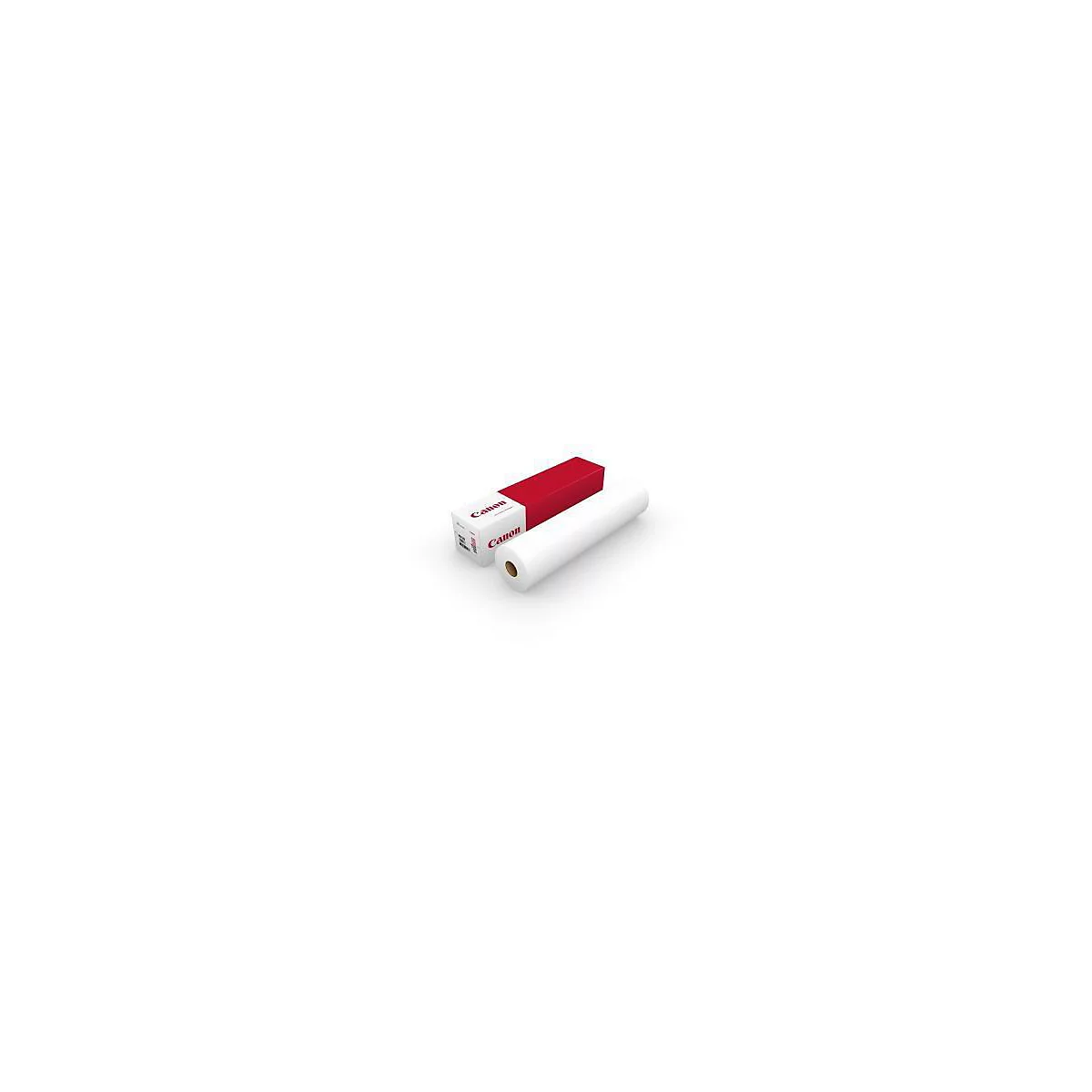 Un rouleau de papier à côté d'une boîte Canon, rouge et blanche. Le logo "Canon" est visible.