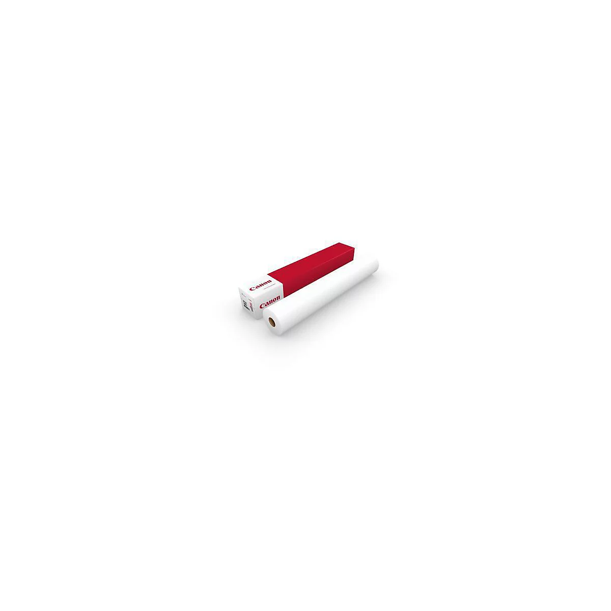Rouleau de papier blanc à côté d'une boîte Canon rouge et blanche ouverte.