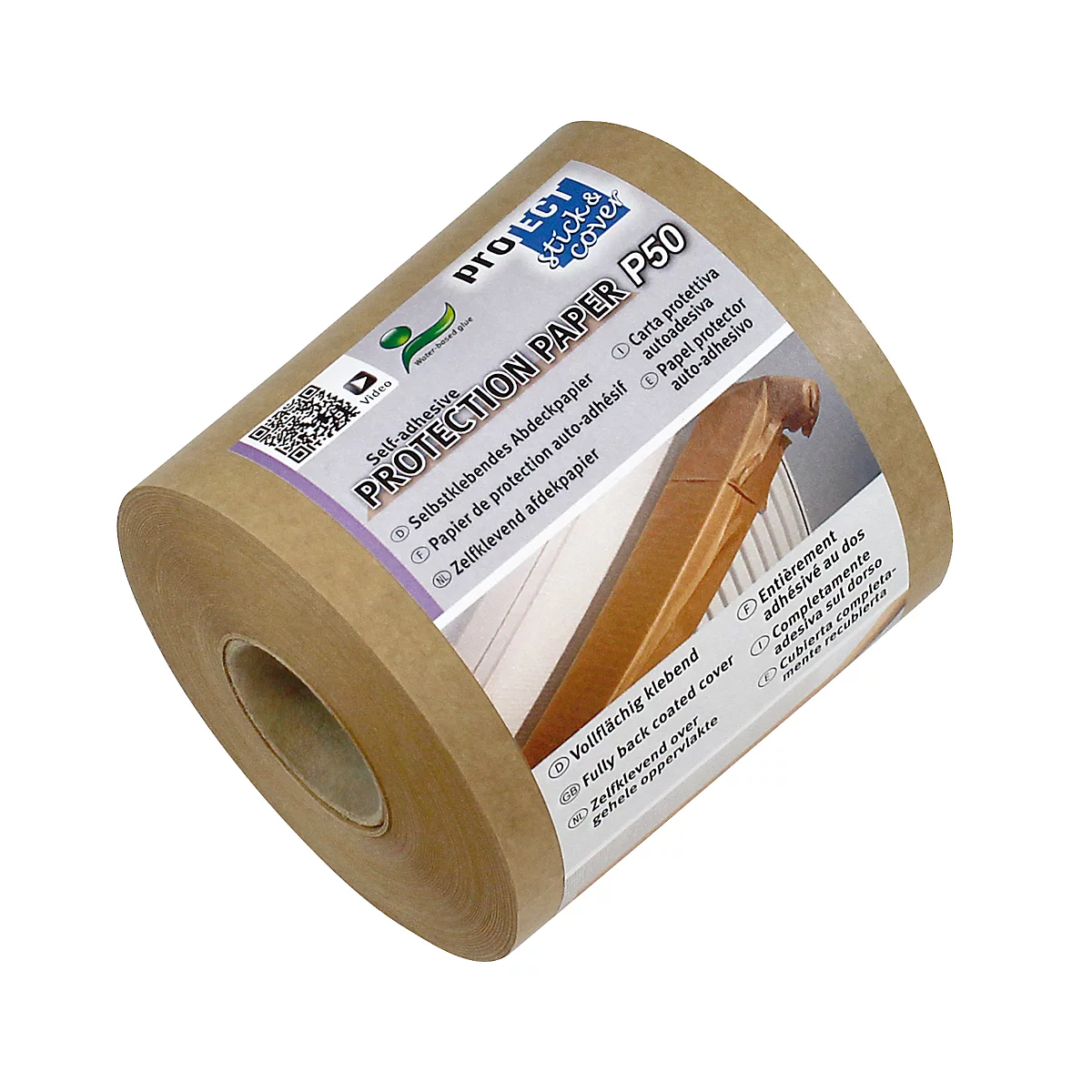 Rouleau de papier protecteur autocollant brun. Inscription imprimée : PROTECTION PAPER P50. Un détail en bois est représenté sur le côté.