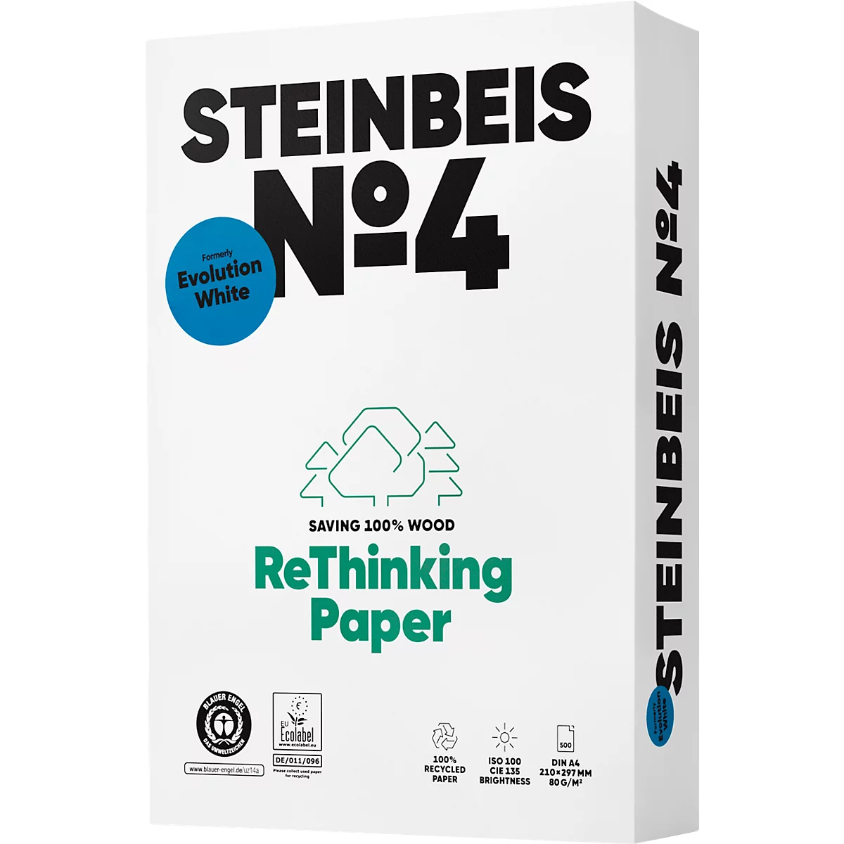 Paquet de papier blanc avec grandes lettres "STEINBEIS Nº4". En dessous: "ReThinking Paper". Inscription : 100% papier recyclé.