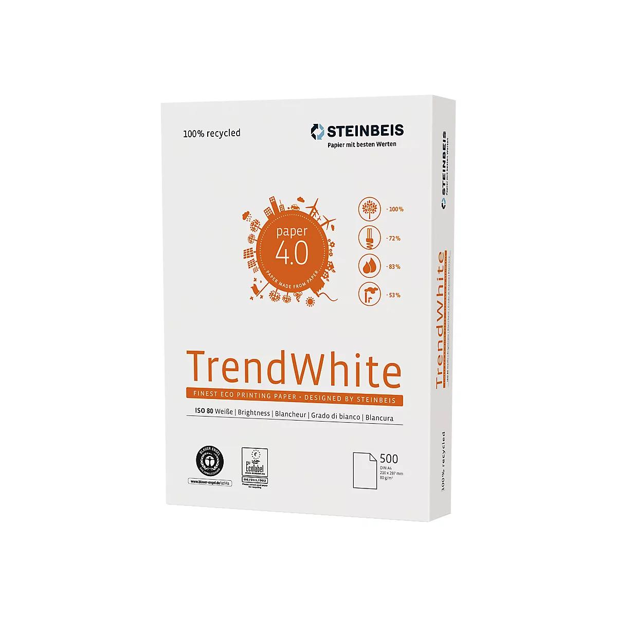 Papier recyclé TrendWhite Steinbeis, format A4, 80 g/m², blanc presse, 5 x 500 feuilles