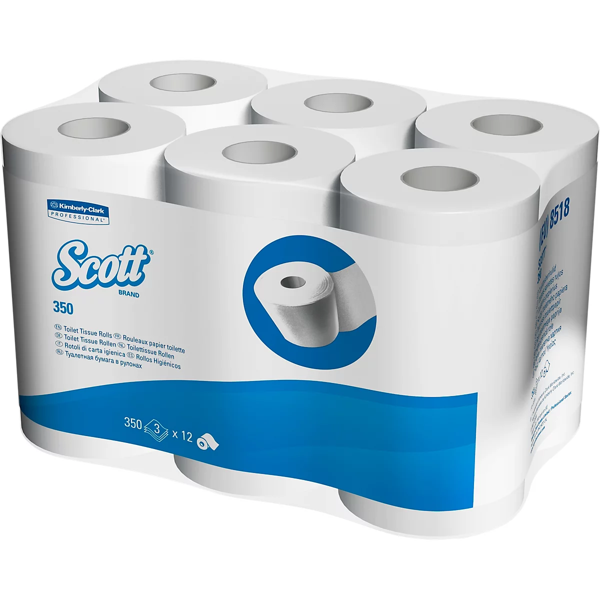 Paquet de six rouleaux de papier toilette. Emballage avec design bleu, texte et logo Scott.
