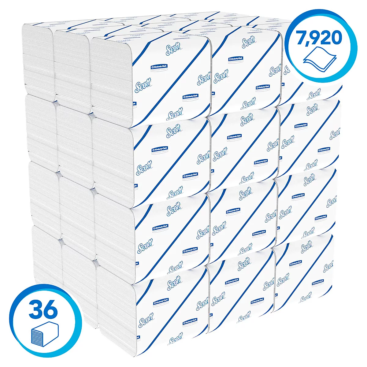 Un ensemble empilé d'essuie-tout blancs, chacun portant le logo Scott, entouré d'accents bleus. Deux cercles affichent les chiffres 36 et 7 920.