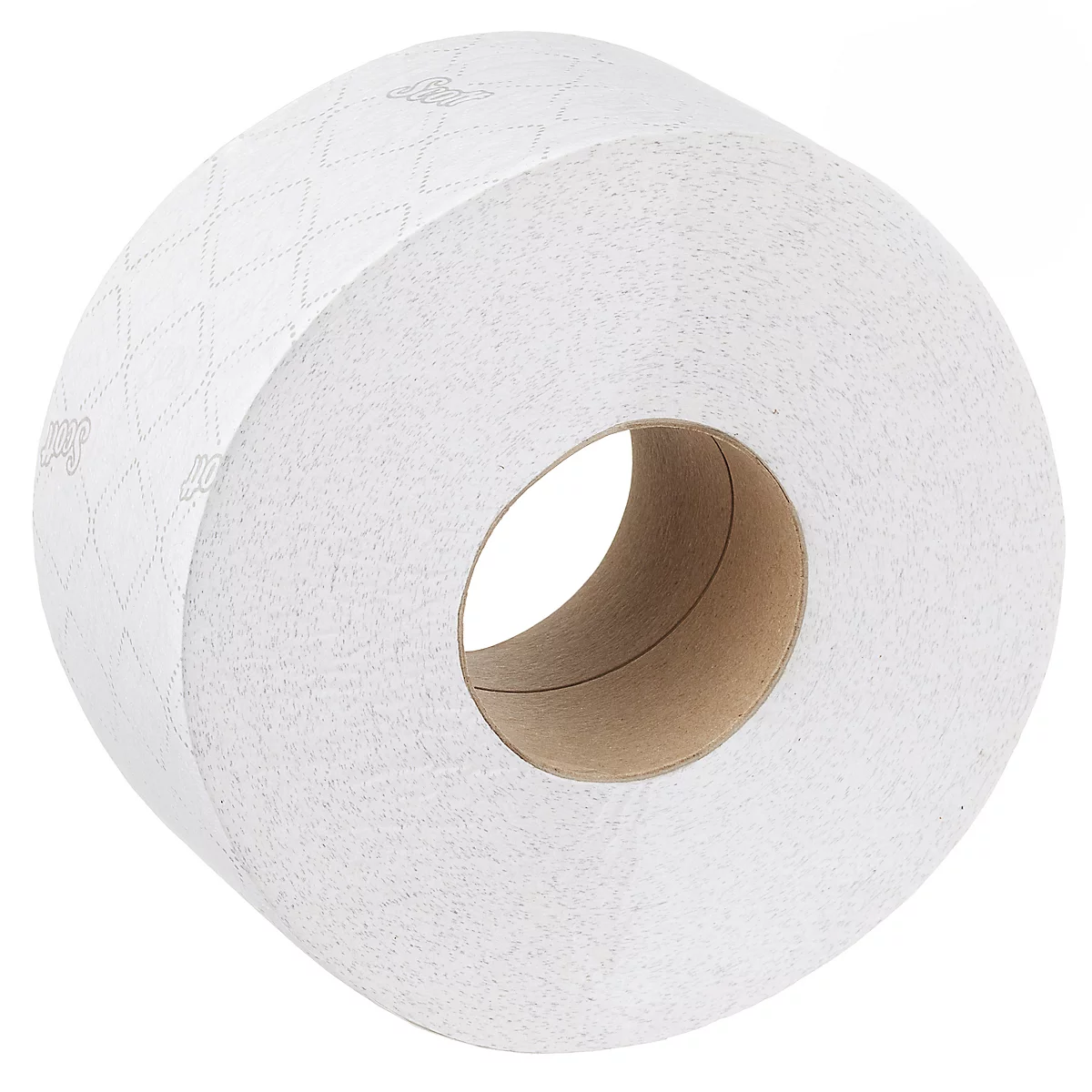 Grand rouleau de papier toilette, blanc avec motif en relief.