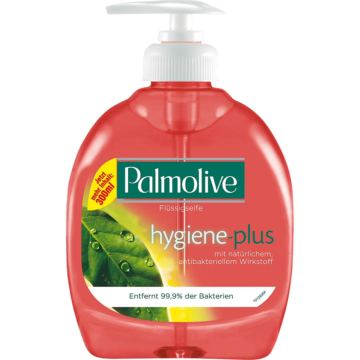 Savon liquide Palmolive rouge avec distributeur blanc. Inscription 'Palmolive hygiene-plus'. Autocollant : 'plus de contenu maintenant 300ml'.