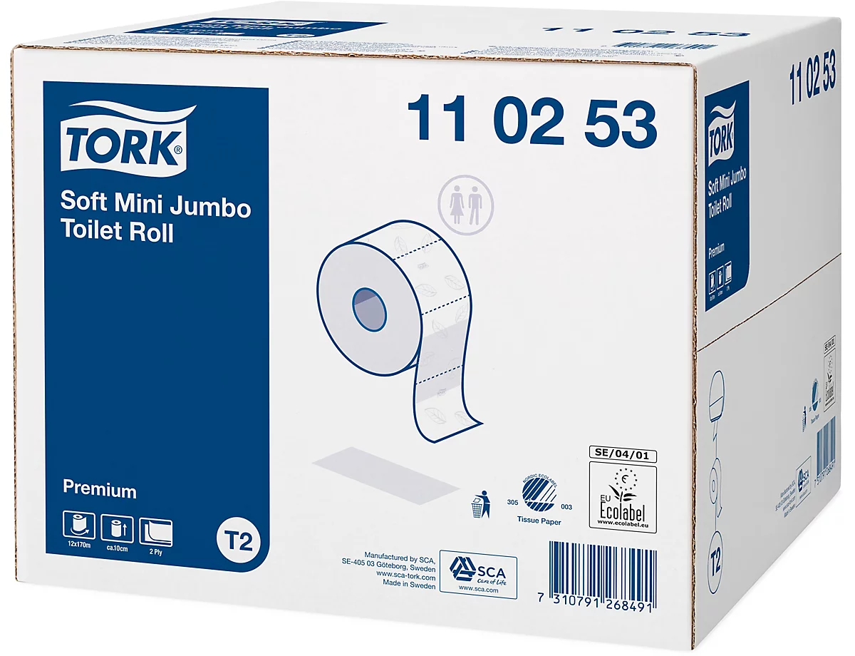 Papier toilette rouleau Mini Jumbo Premium 110253 TORK®, 2 épaisseurs, 12 rouleaux