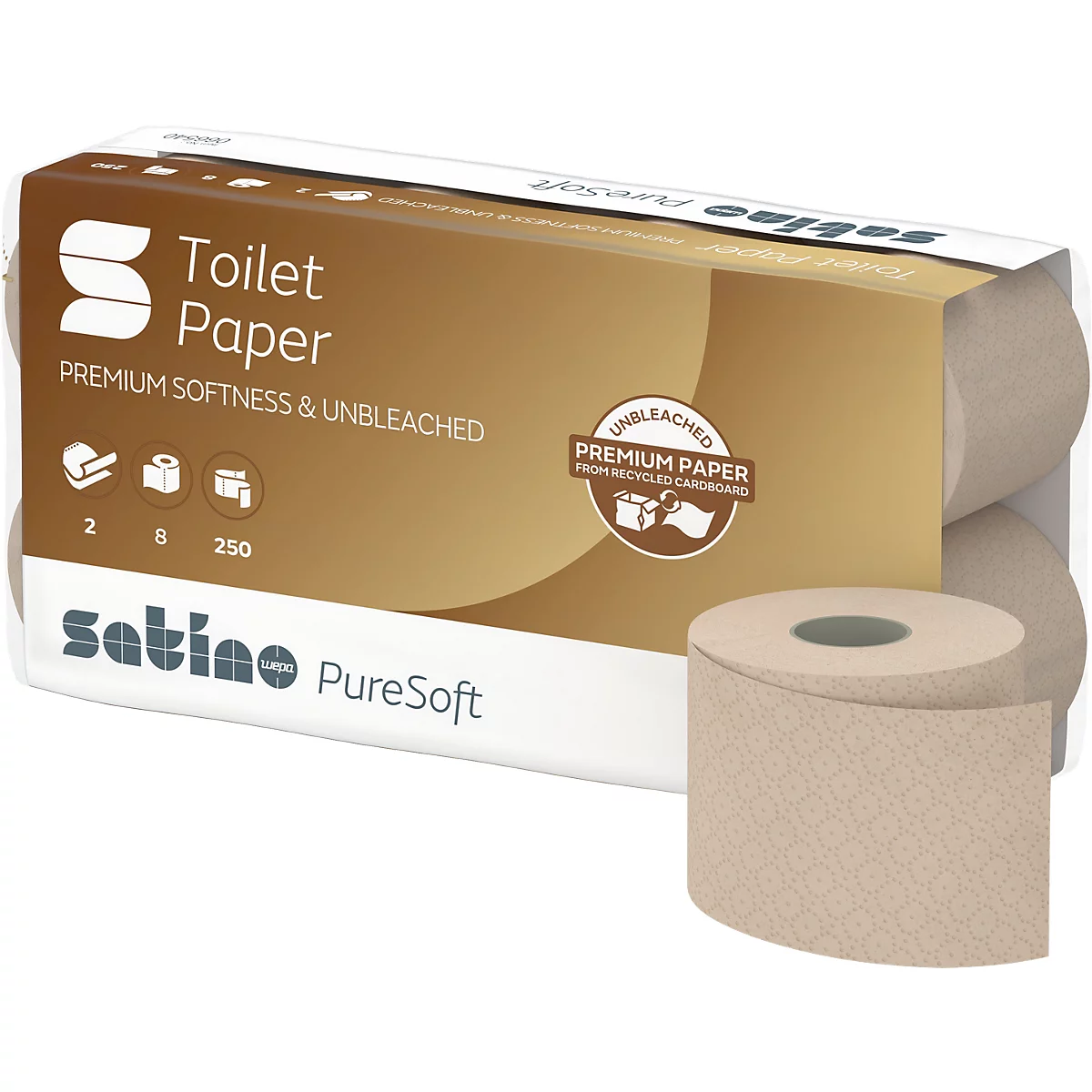 Un paquet de papier toilette avec un rouleau lâche devant. Texte : Toilet Paper, Premium Softness & Unbleached. Marque : Satino PureSoft.