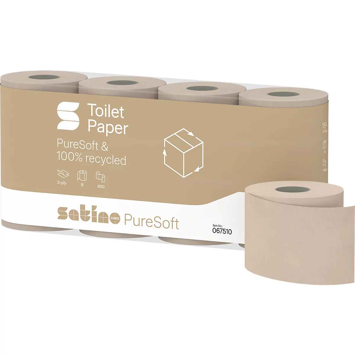 Quatre rouleaux de papier toilette Satino PureSoft marron clair dans un emballage en papier recyclé.