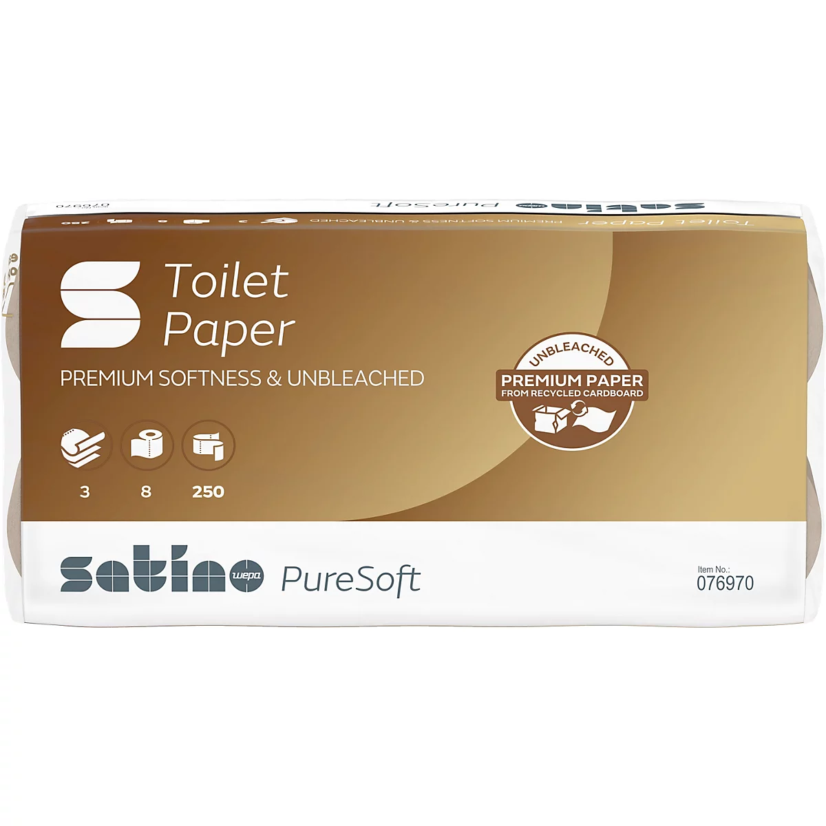 Paquet de papier toilette, fond marron, inscription: Toilet Paper, Premium Softness & Unbleached. Logos: 3, 8, 250, Satino PureSoft.