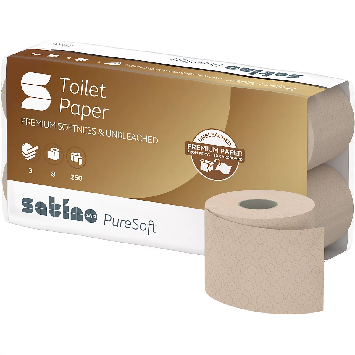 Paquet de papier toilette avec un seul rouleau, inscription : Premium Softness & Unbleached. Marque : Satino PureSoft.