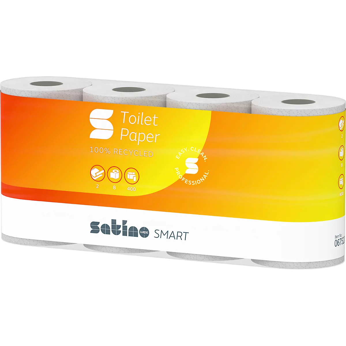 Paquet de quatre rouleaux de papier toilette Satino Smart dans un emballage en plastique orange et jaune.