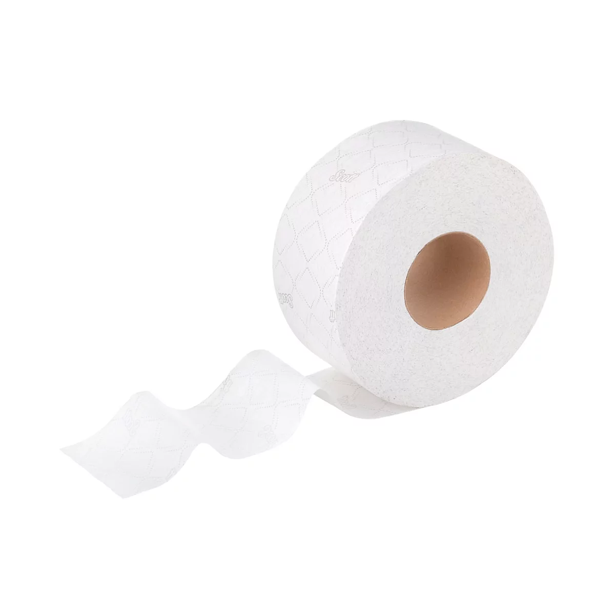 Gros plan d'un rouleau de papier toilette avec du papier déroulé sur fond blanc.
