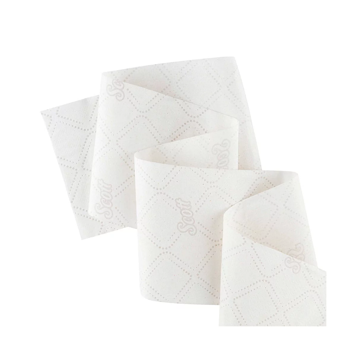 Gros plan sur un rouleau de papier toilette roulé avec un motif de losanges en relief et le mot 'Scott'.