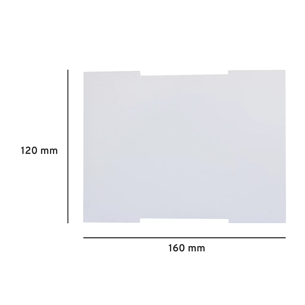 Rechteckige weiße Platte mit Aussparungen. Maße: 120 mm x 160 mm.