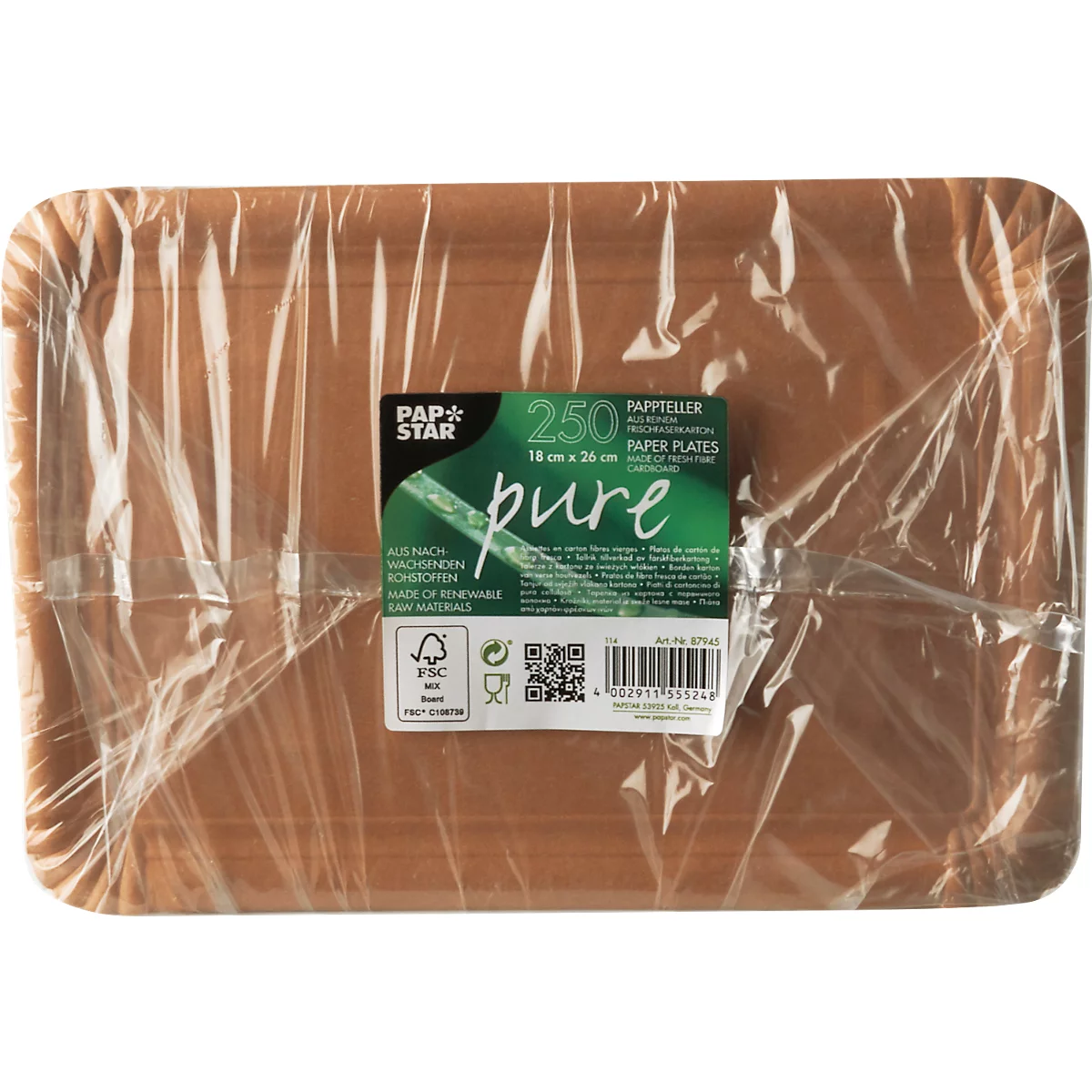 Papieren borden Papstar Pure, 500 stuks, vierkant, voedselveilig, B 180 x L 260 mm, karton van eerste vezel, bruin