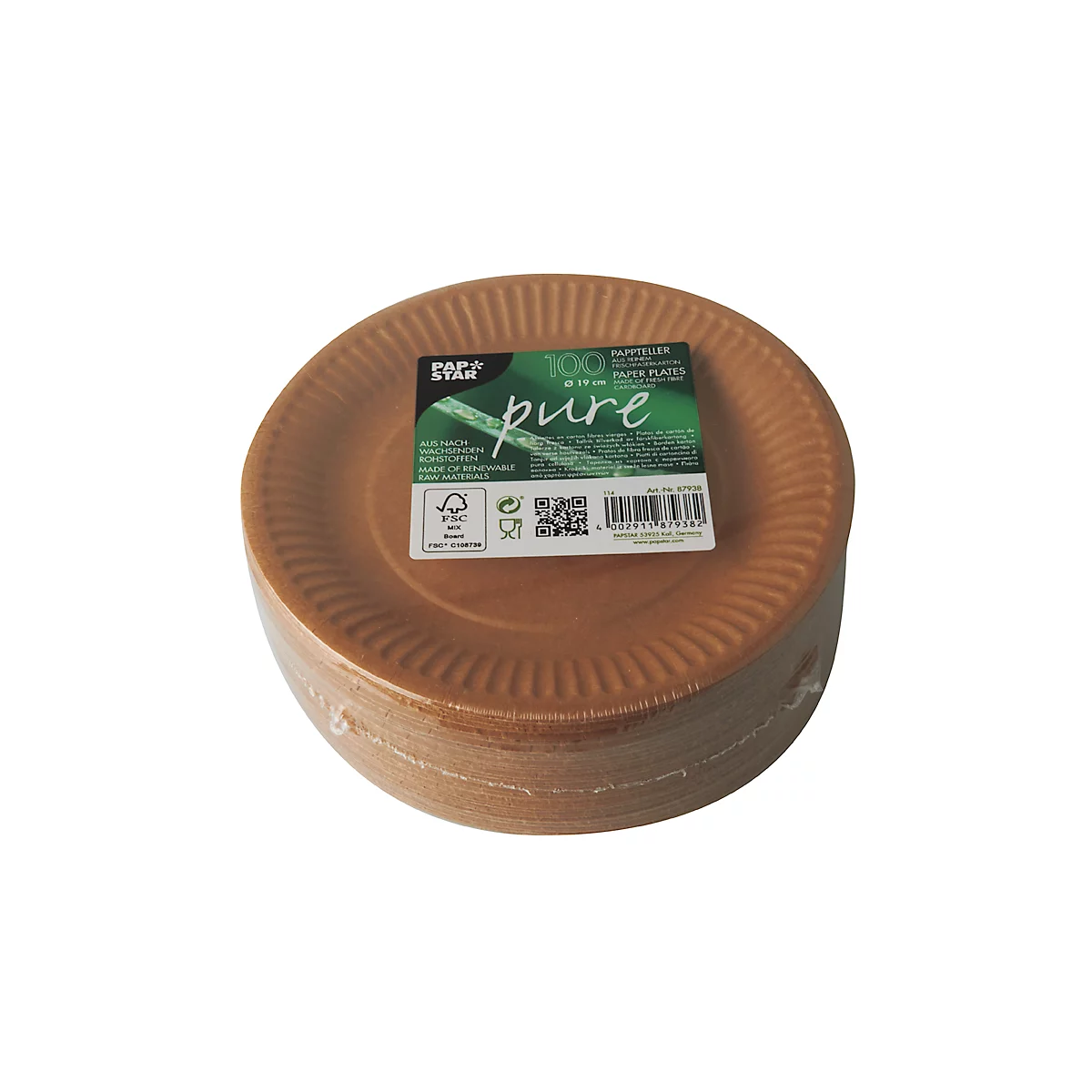 Papieren borden Papstar Pure, wegwerp, rond, Ø 190 mm, voedselveilig, FSC®-gecertificeerd &amp; composteerbaar, bruin, 8 x 100 stuks