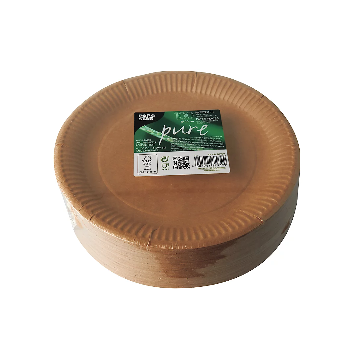Papieren borden Papstar Pure, wegwerp, rond, Ø 230 mm, voedselveilig, FSC®-gecertificeerd &amp; composteerbaar, bruin, 5 x 100 stuks