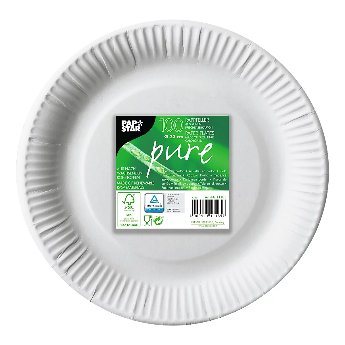 Papieren borden Papstar Pure, wegwerp, rond, Ø 230 mm, voedselveilig, FSC®-gecertificeerd &amp; composteerbaar, wit, 6 x 100 stuks