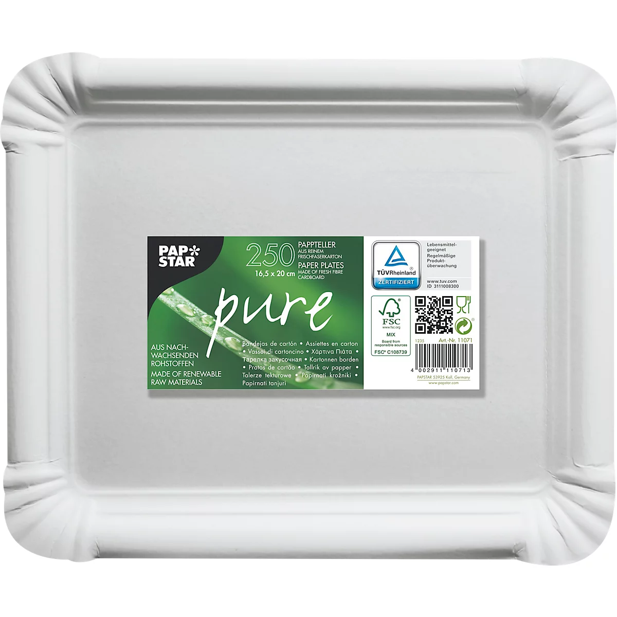 Papieren borden Papstar Pure, wegwerp, vierkant, B 200 x H 165 mm, voedselveilig, FSC®-gecertificeerd &amp; composteerbaar, wit, 2 x 250 stuks
