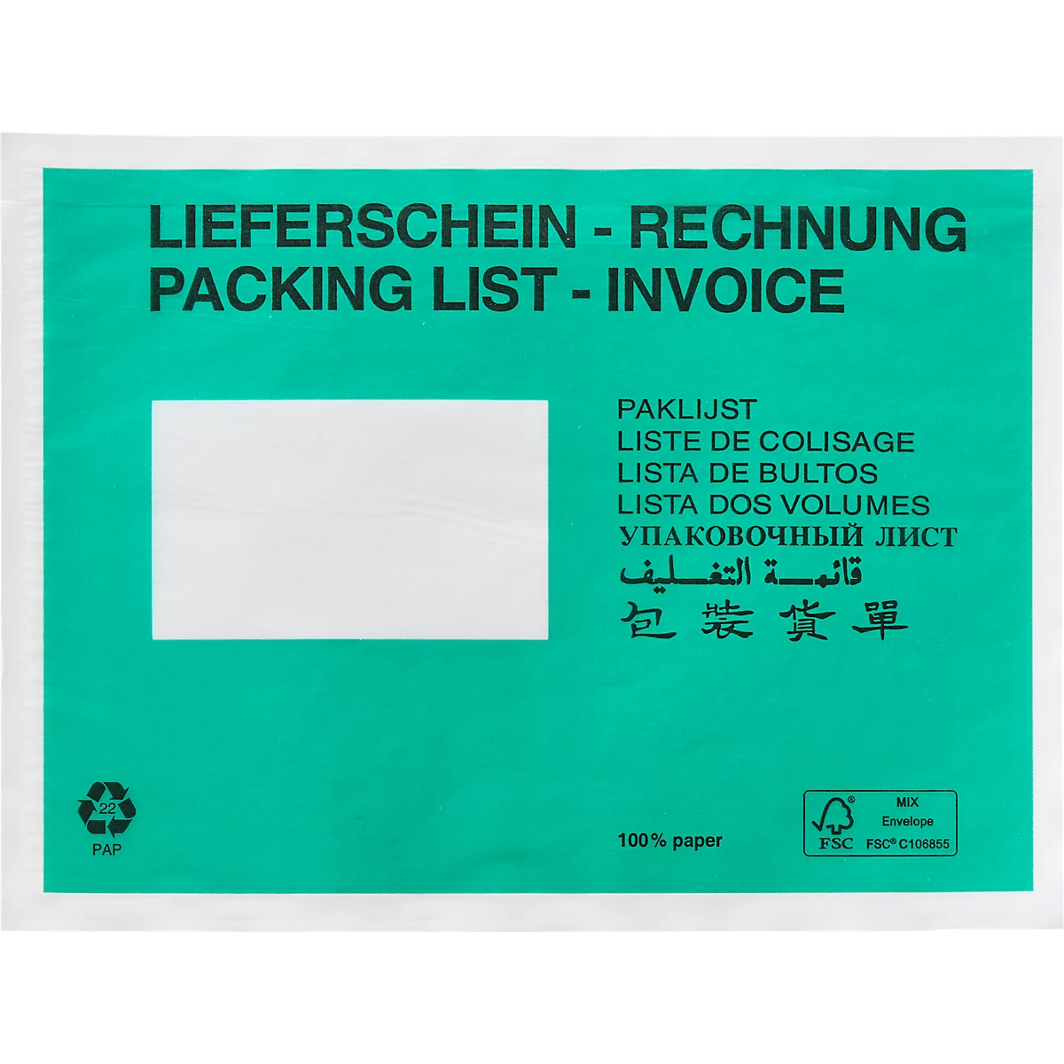 Groene documentenvelop met opschrift pakbon-factuur en een wit venster.