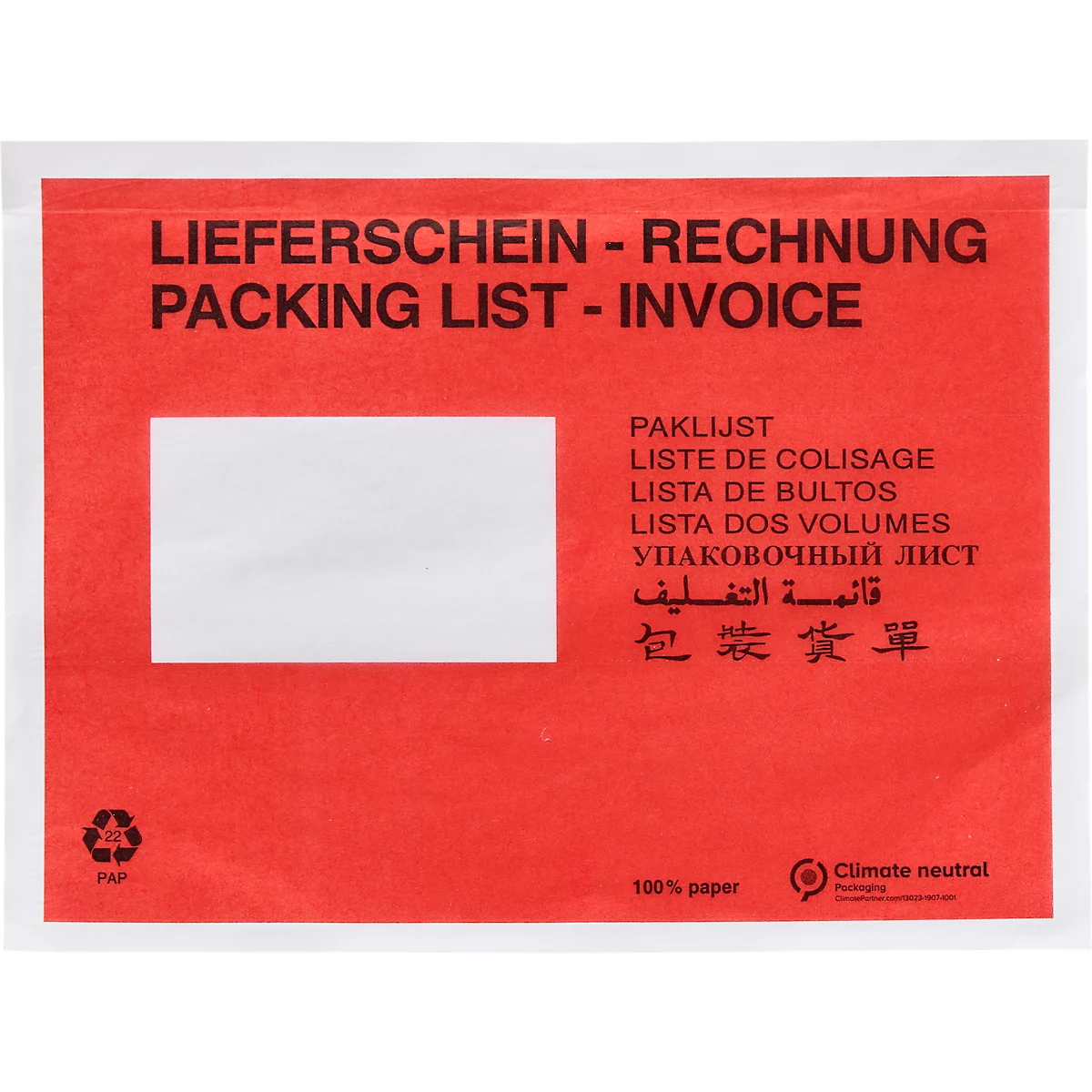 Rode papieren documentenvelop met het opschrift Paklijst Factuur en een adresvenster.