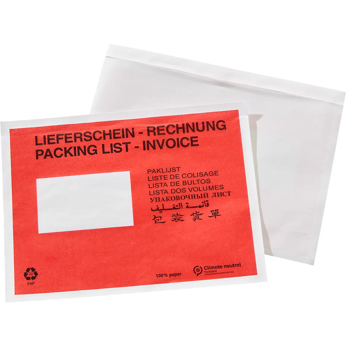 Rode papieren paklijstenvelop met de tekst Packing List - Invoice en verdere internationale vertalingen.