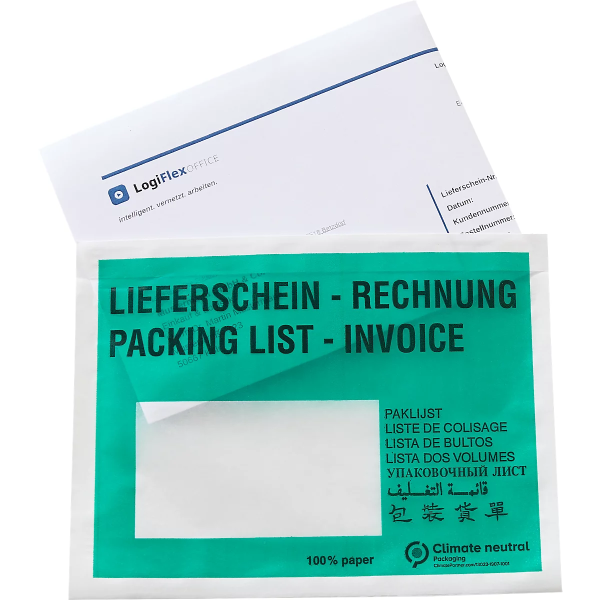 Papieren verzendzak met opdruk Pakbon - Factuur, gedeeltelijk gevuld met een LogiFlex-document.