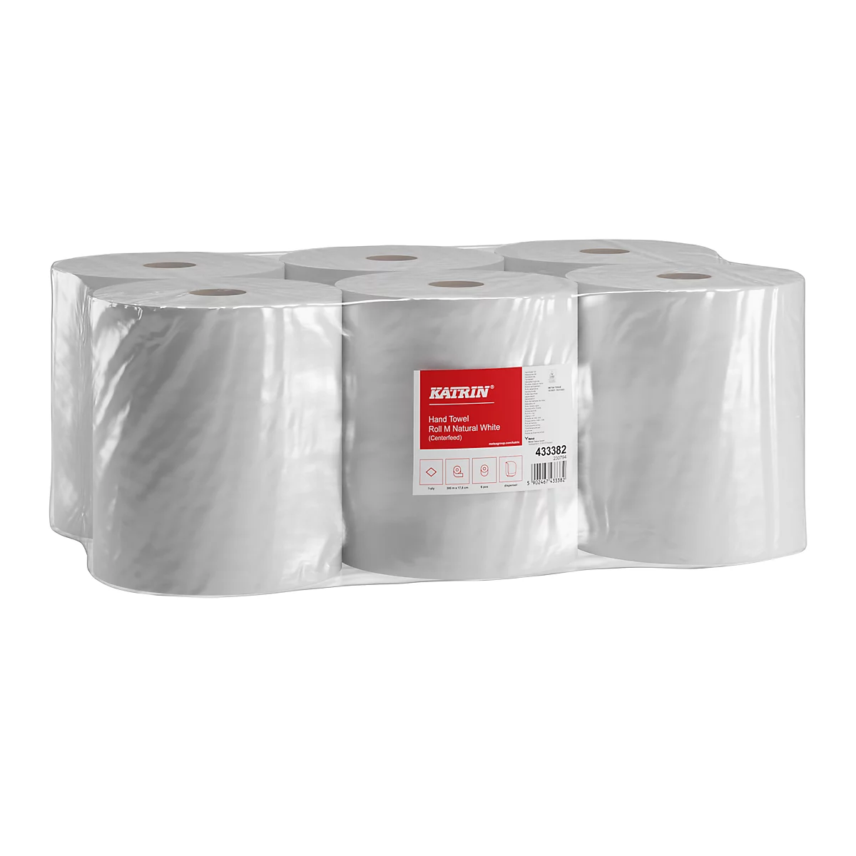 Verpakking papieren handdoeken verpakt in folie. Rood label: Kathrin Handdoek, wit & neutraal. Barcode.