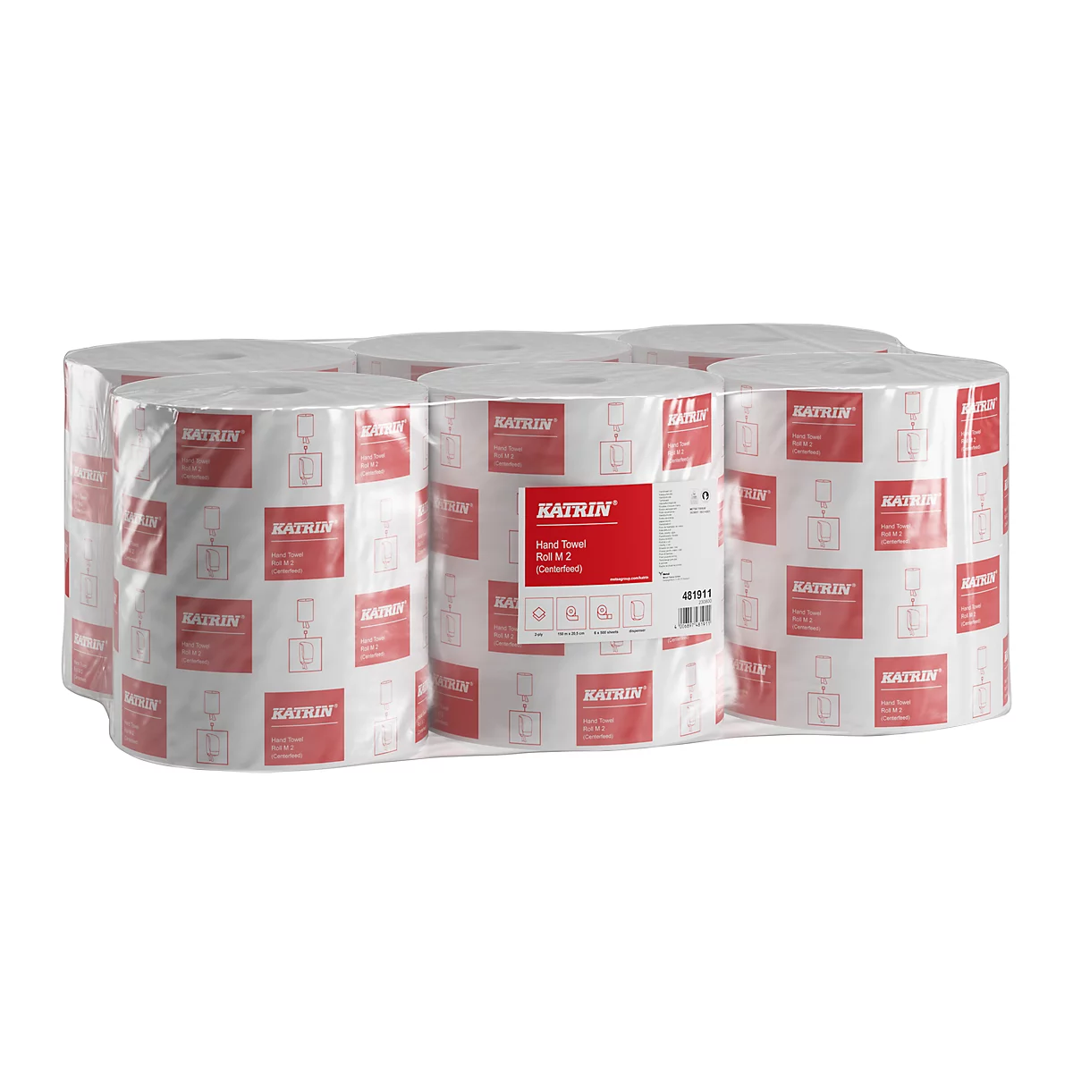 Een rol Katrin papieren handdoeken. De witte rolafdekking is gemarkeerd met rode rechthoeken met de merknaam en productdetails.