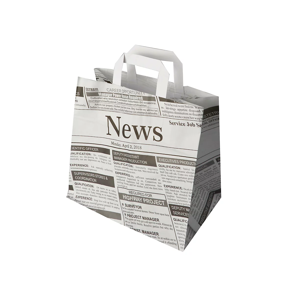 Papieren zakken Papstar Krantenpapier, tot 5 kg, met handvat, L 250 x B 260 x H 170 mm, kraftpapier, grijs-zwart, 50 st.
