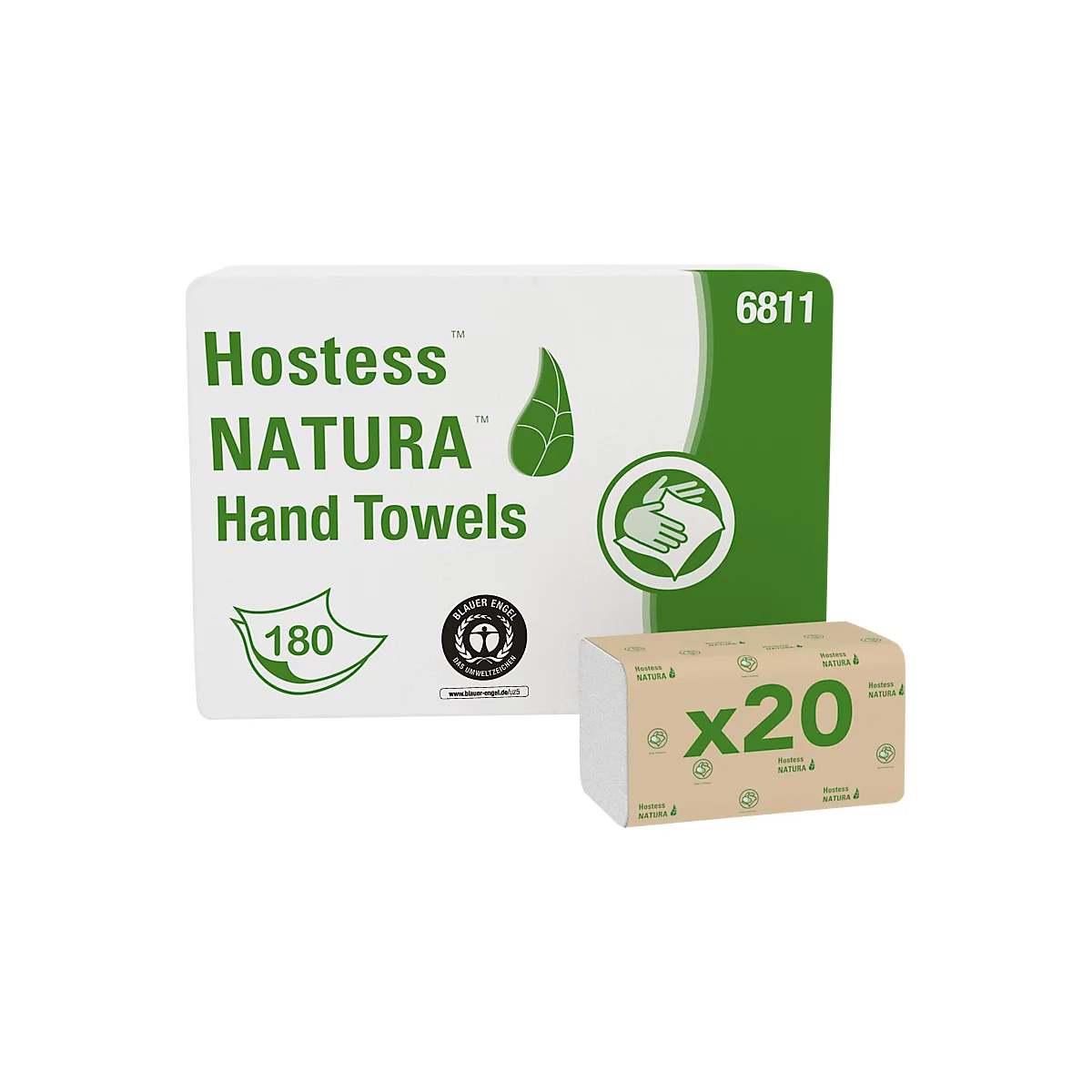 Papierhandtücher der Marke Hostess Natura. Aufdruck mit Logo, Blattmotiv und der Angabe "180". Daneben eine kleinere Packung mit "x20".