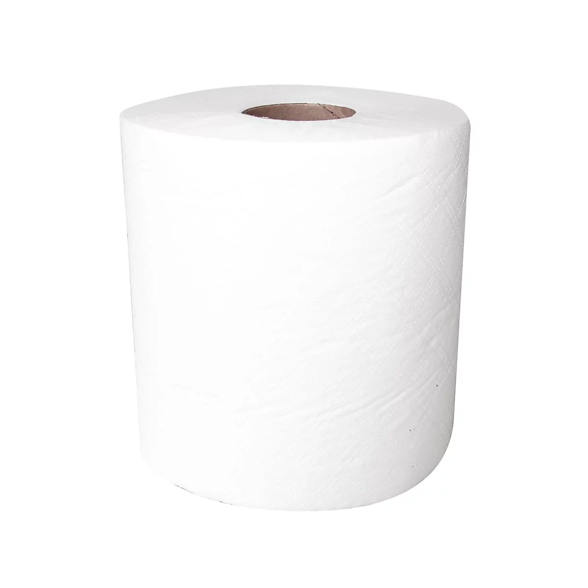 Eine Rolle weißes Papier, möglicherweise Toilettenpapier oder Küchenrolle, vor weißem Hintergrund.