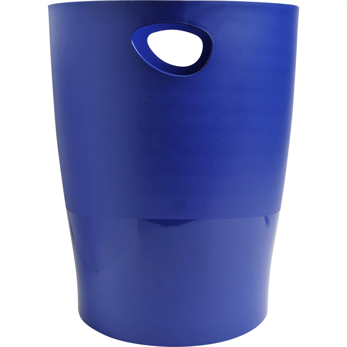 Blauer Papierkorb mit Henkel. Der untere Teil ist dunkler.