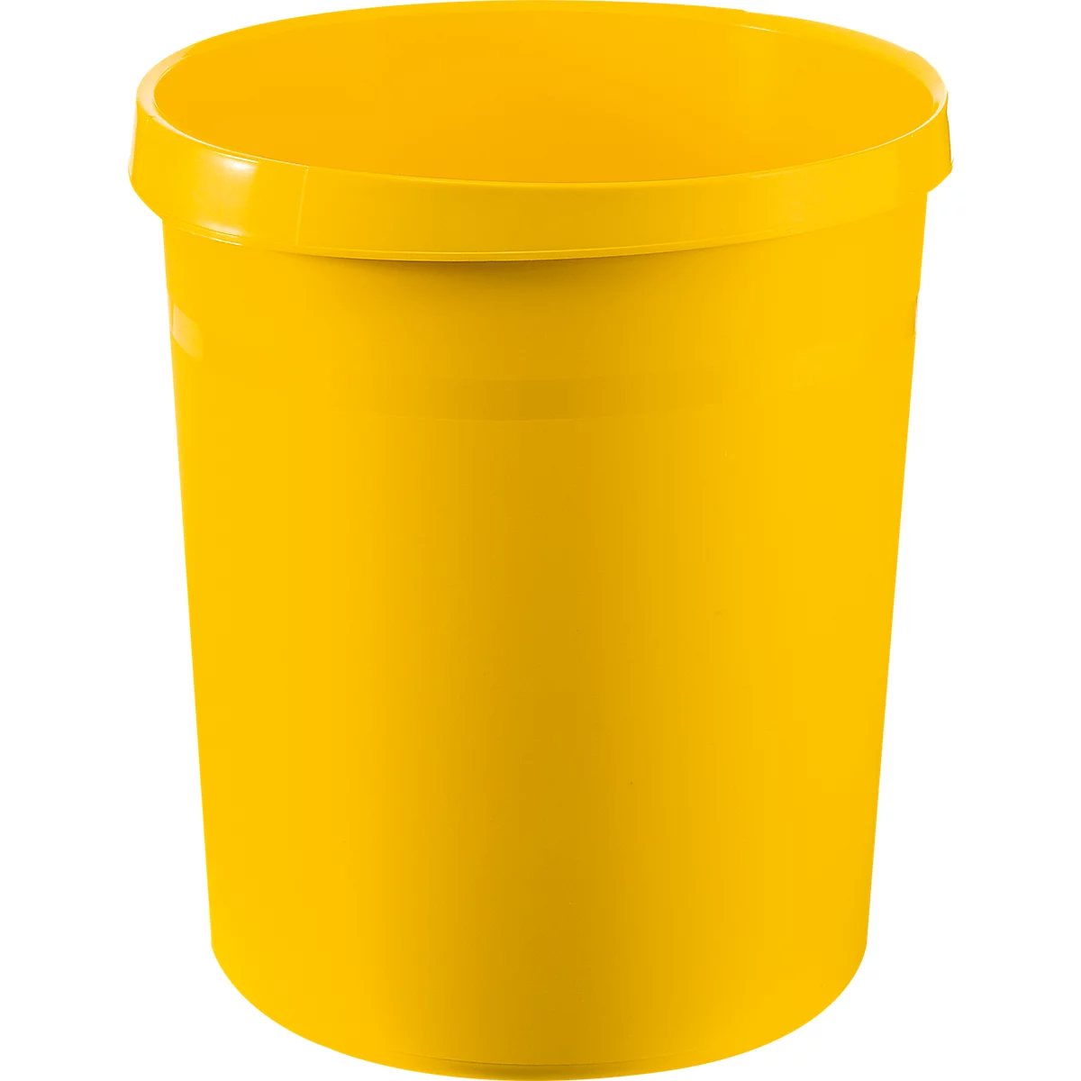 Gelber Eimer mit zylindrischer Form und einem leicht überstehenden Rand.